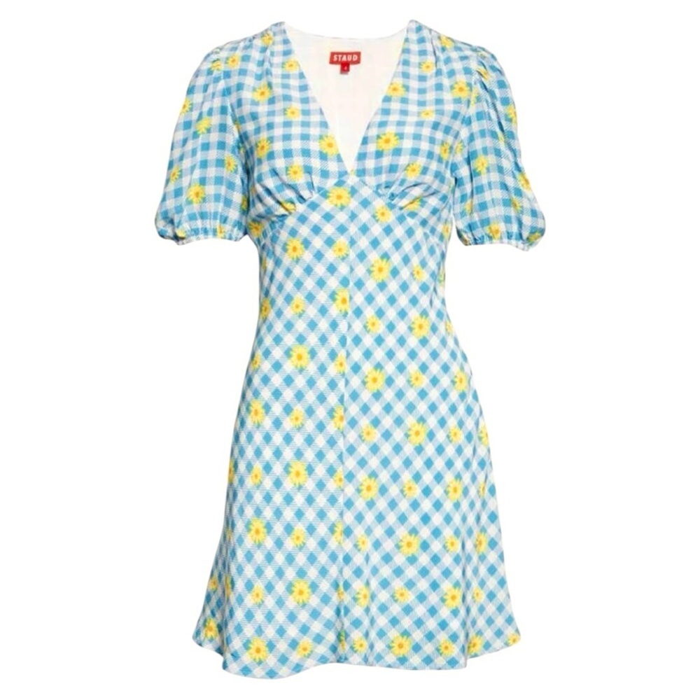 NWT STAUD Milla Mini Dress Gingham Daisy Plaid Blue and White Size 6 - Picture 5 of 12